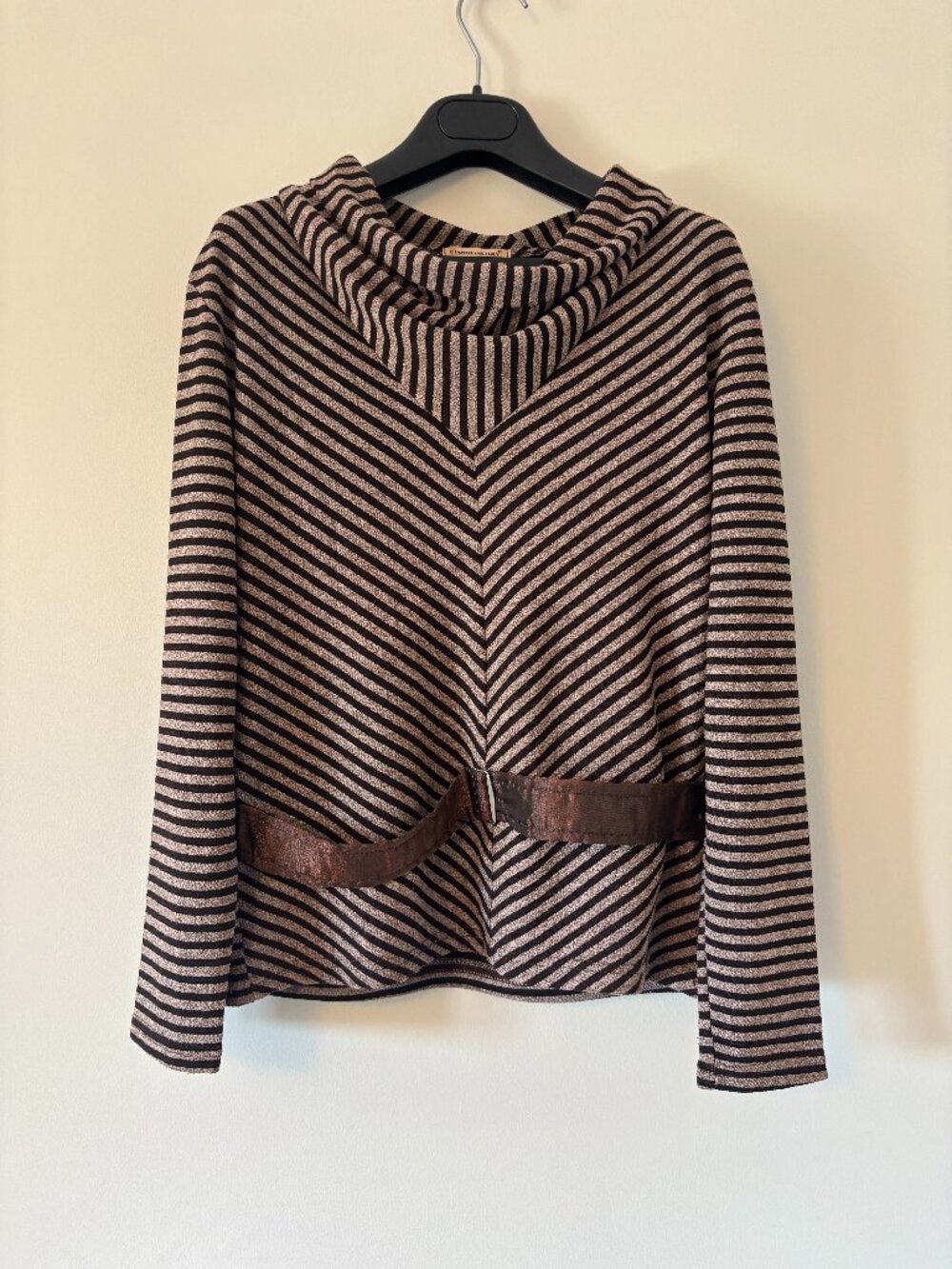 Vintage Brown Diagnoal Stripe Top with Belt Cowl Neck